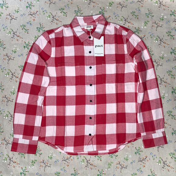 PACT Gingham Flannel Shirt Mila Red White Women's Medium Organic Cotton Casual - Picture 1 of 4